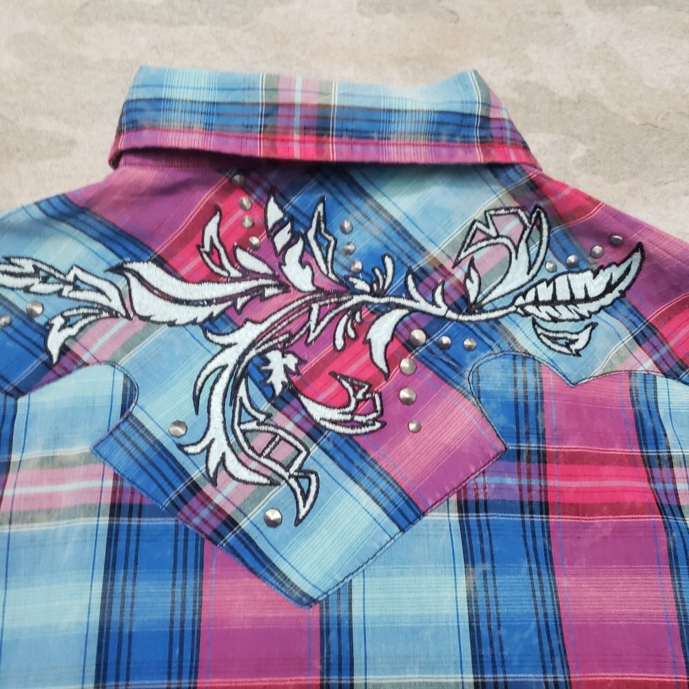 Rock 47 by Wrangler Top Womens Medium Blue Pearl Snap Long Sleeve Plaid Cowgirl - Picture 7 of 11